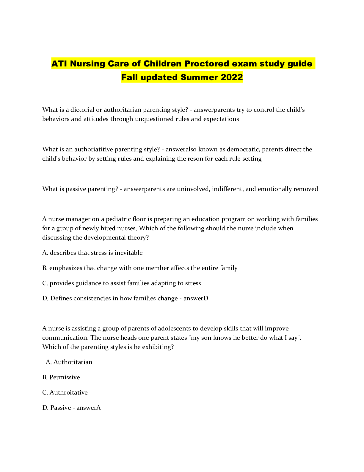 ATI Nursing Care of Children Proctored Exam Study Guide Fall updated Summer 2022.